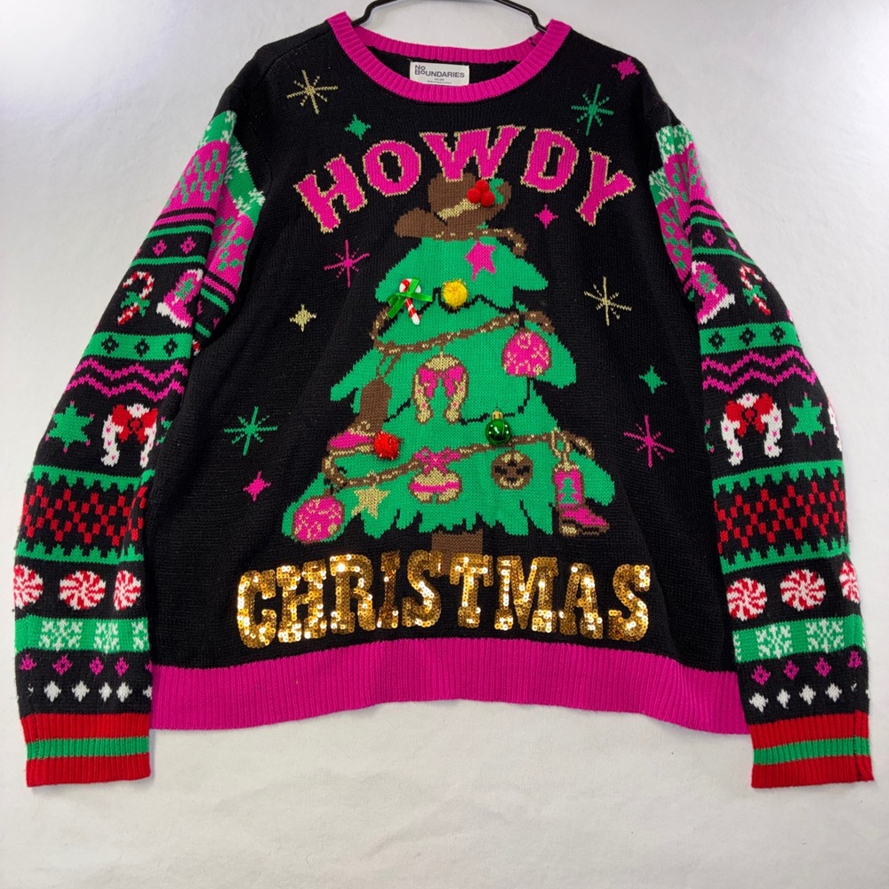 559 Western No Boundaries Howdy Christmas Sweater XXL Black Sequin Cactus